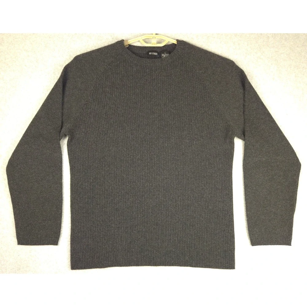 111‎ STATE Men's Charcoal Crew Neck Sweater 100% Cashmere Size L - Picture 2 of 6